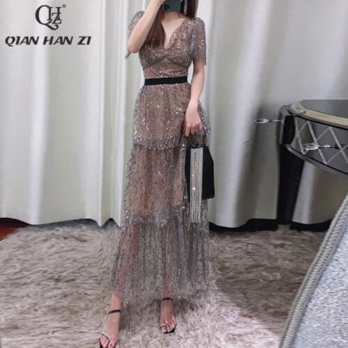 Qian Han Zi fashion summer dress V-neck women dress vintage Hollow elegant mesh sequin beaded mid-length Cascading Ruffle dress