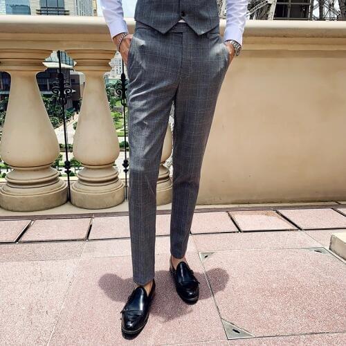 New High-end Brand Fashion Houndstooth Mens Formal Business Suit Pants Trousers Groom Wedding Dress Male Plaid Slim Suit Pants