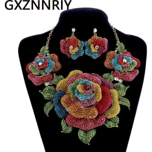 Bridal Jewelry Sets for Women Accessories Crystal Rhinestone Big Flower Gold Wedding Necklace and Earrings Set Party Jewellery