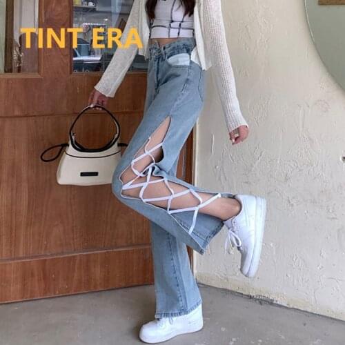TINT ERA High Waist Straight Pants Jeans Women Fashion Denim Overalls Loose Side Strap Slits Trousers Leg Thin Pantalon Femme