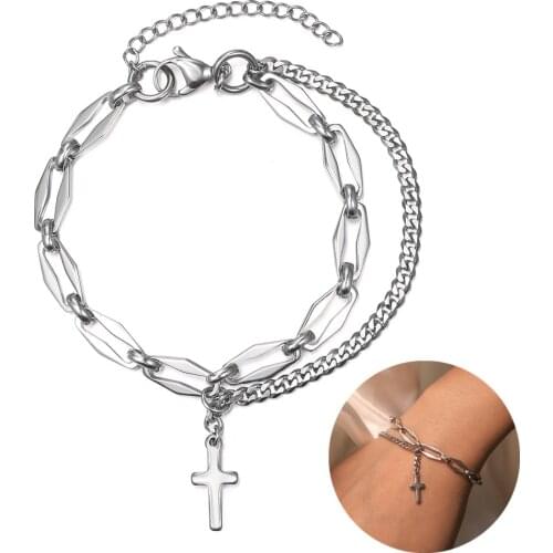 Punk Cross Charm Bracelets For Men Women Silver Color Stainless Steel Cuban Rhombus Link Chain Prayer Crucifix Jewelry DB329