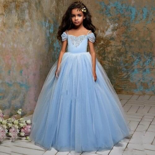 Flower Girl Dresses With Bow Beaded Crystal Lace Up Applique Ball Gown First Communion Dress for Girls Customized Vestidos Longo