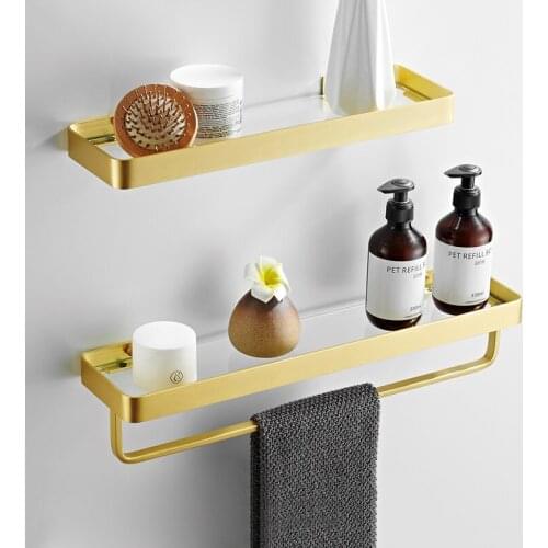 Bathroom Shelf Glass Shower Shelf With Towel Bar Brushed Gold Shelf 30-50CM Aluminum Kitchen Storage Holder Bathroom Accessories