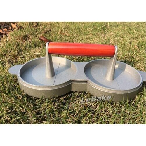 Double-molds carbon steel hamburger Stuffing maker Manual pressure meat burger press wooden handle for DIY Kitchen cooking tools