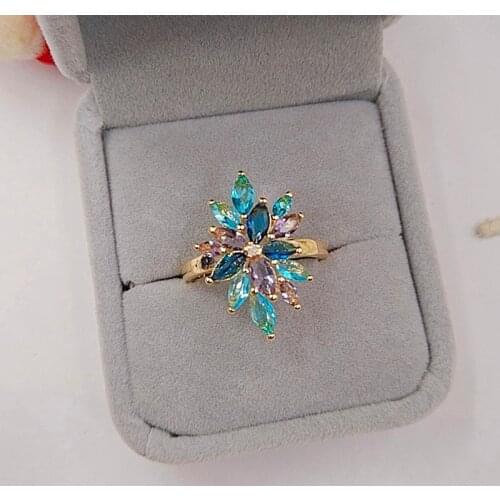 Luxury Female Yellow Gold Rainbow Flower Ring Vintage Wedding Band Ring Promise Love Engagement Rings For Women