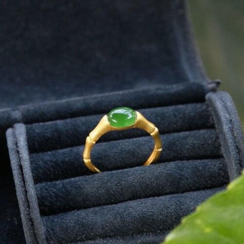 S925 Sterling Silver Jasper Bamboo Ring Inlaid Natural Hetian Jade Green Jade Jasper Ring Vintage Court Style Ring Jewelry