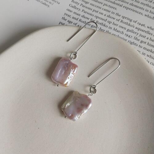 Purple Natural Baroque Pearl Earrings in Sterling Silver 925 Square Shape Drop Pearls Dangle Earrings Best Gift For Mother