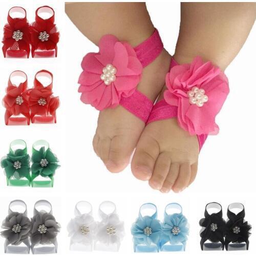2pcs/pair Cute Chiffon Flower Baby Barefoot Sandals Newborn Toddler Sandals Baptism Shoes Baby Girl Photo Props Birthday Gifts