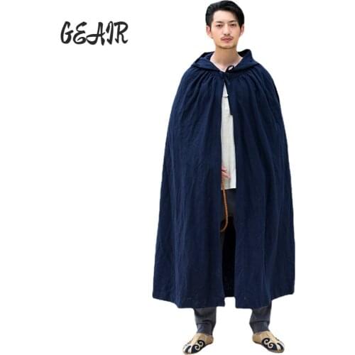 Extended 100% Linen Tether Hooded Cloak Trench Coat for Men and Women Retro Chinese Style Autumn Windproof Warm Outside Clothing