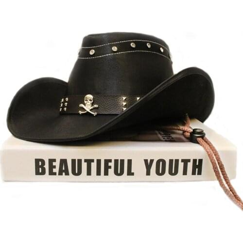 Unisex Women Men Retro Skull Band PU Leather Roll Up Wide Brim Sombrero Sun Cap Beach Cowboy Cowgirl Western Hat 58cm