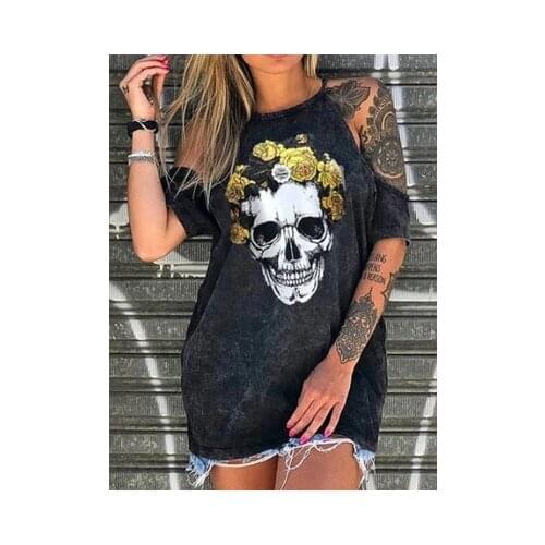 Female Loose Black Color Sexy Strapless Skull Print Women T-shirt Solid Color Halter Neck Short Sleeve Flower Print Summer Tops