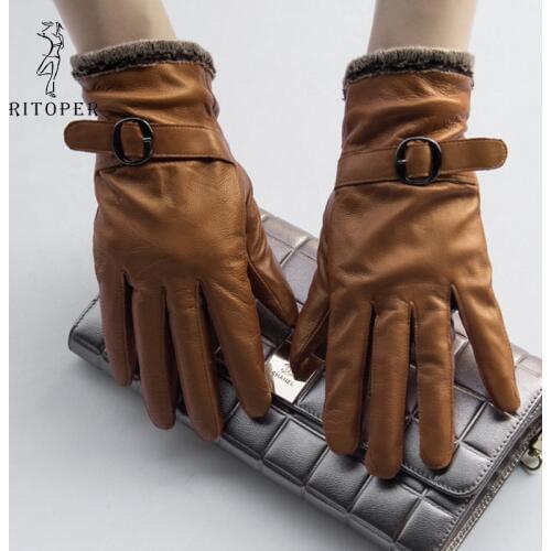 RITOPER Genuine Leather 100% Pure Sheepskin Women Sheepskin Gloves Full Finger Winter Thicken Coral Fleece Warm Outdoors Mittens