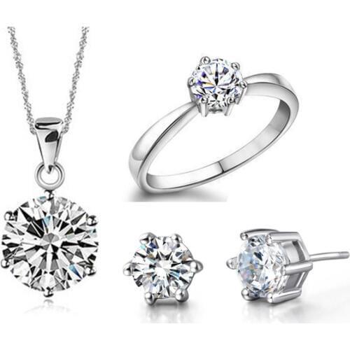 Novel Marvelous 925 Sterling Silver Jewelry Set Female Ring Pendant Necklace Earrings With Clean Crystal For Christmas