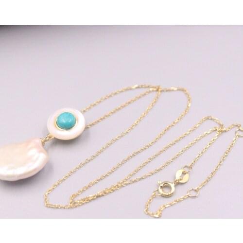 Real 925 Silver Pendant For Women Female Natural Unique Pearl Turquoise Round Gold Plated Real Silver Necklace Gift