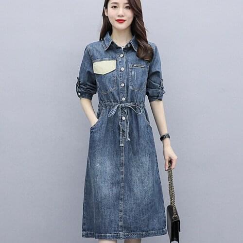 New Spring Style Women Dresses Plus Size Casual Turn-Down Collar Collect Waist Slim Pockets Jeans For Females Denim One-Piece