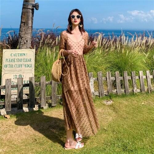 Womens Dress V-neck Elastic Waist Mesh Beach Holiday Women Retro Floral Dress Autumn A-shaped Chiffon Vestidos Female Dresses