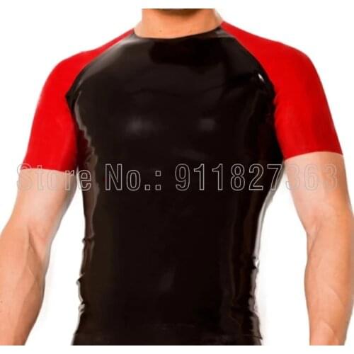 100% Handmade Latex Shirt Black w Red Trim Short Sleeves Fashion Sexy Man Top T-shirt