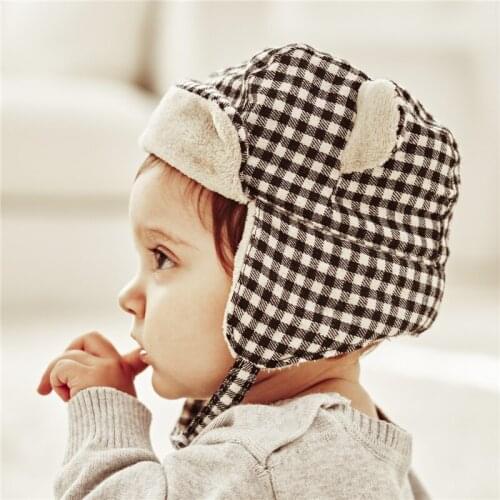 2021 Winter European Black White Plaid Hat Bear Ears Plus Velvet Thicken Baby Hats Christmas Xmas Gift Warm Infant Windproof Cap