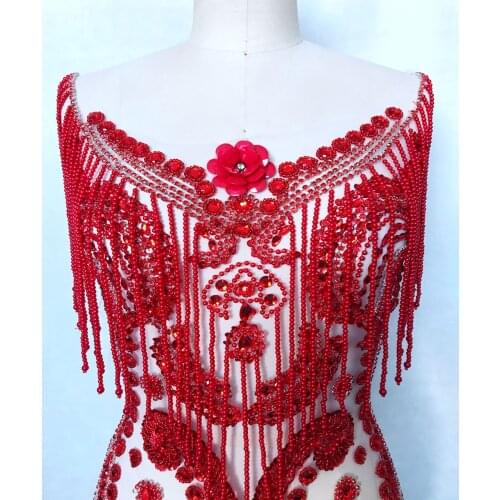 Pure hand made sew on silver/red/black Rhinestones applique on mesh shining crystals patches trim 57*40cm for dress accessory