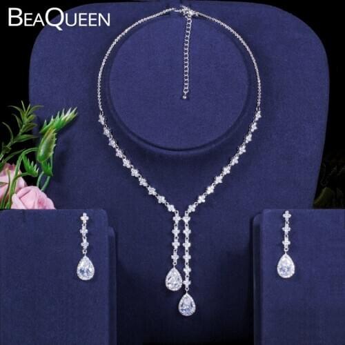 BeaQueen Classic Clear Cubic Zircon Crystal Flower Teardrop Long Earrings Pendant Necklace Wedding Jewelry Sets for Brides JS069
