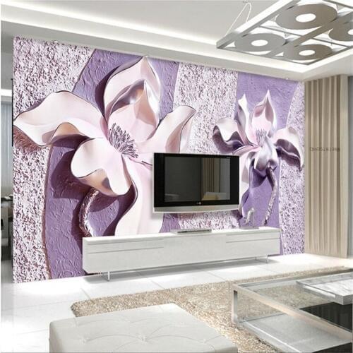 Large seamless 3 d TV setting wall wallpaper seamless bedroom wall mural cloth embossed purple magnolia