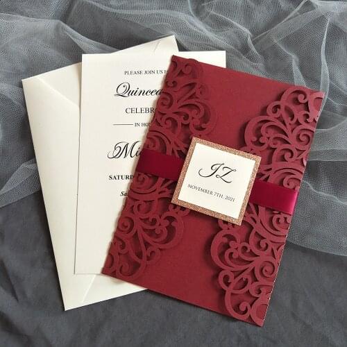 50X Burgundy Wedding Invitation With Personalized Printing And Glittery Tag DIY Laser Cut Cards For Quinceanera Party Invites
