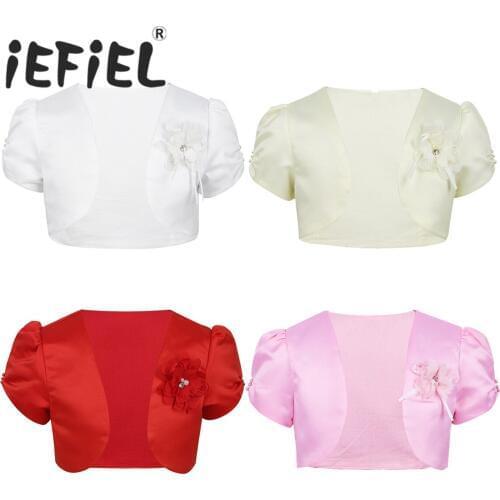 Kids Girls Ballet Dance Shrug Round Neck Beads Flower Satin Bolero Short Jacket Shrug Flower Girl Dress Cover Up for Party