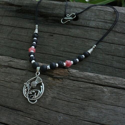 Rhodochrosite With Volcanic Beads Blessed Thistle Long Necklace, 5pcs Viking Apron Dress Chain Necklace Jewelry For Charm Women