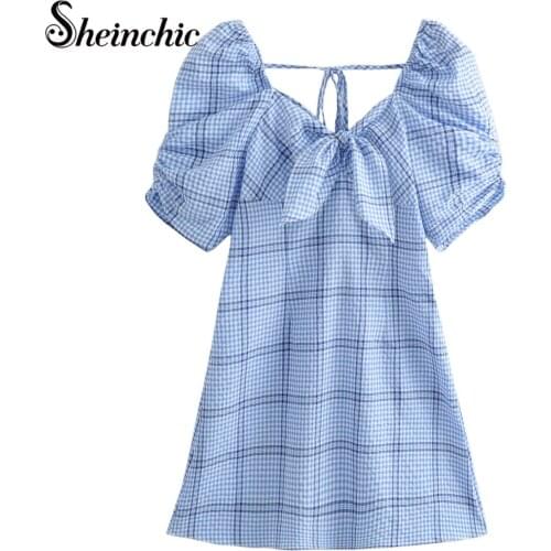 Elegant Blue Plaid Woman Dress 2021 Summer Fashion Bow Short Sleeve Mini Dresses for Women