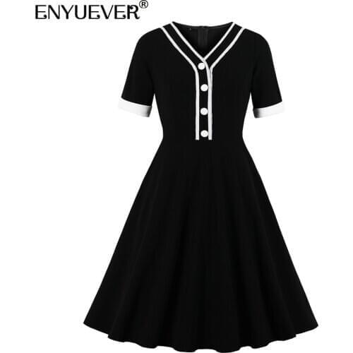 Enyuever Elegant Black And White Vintage Dresses 50s 60s Retro Women Summer Clothes Short Sleeve Robe Pin Up Swing Casual Dress