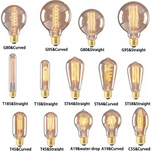 E27 Antique Incandescent Vintage Filament Retro Bulb Edison Bulb Fixture ST64 T25 G95 G80 Bulbs 110V 40W 2500K Ball Light