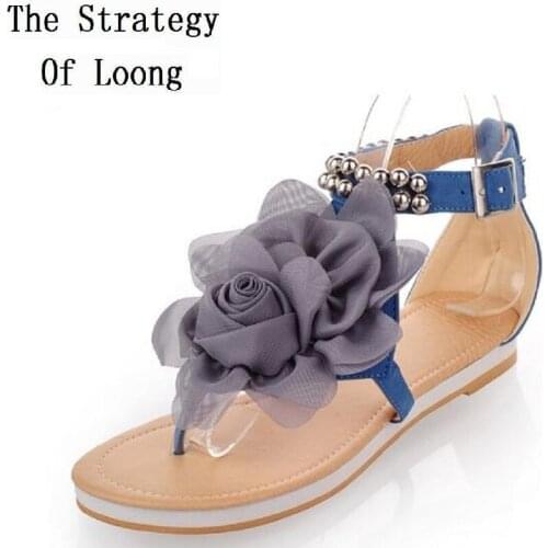 Summer Women Flats Floral Beading Ankle Wrap Flip Flops Open The Toe Fashion Casual Sandals Shoes Plus Size 31-43