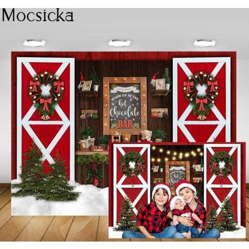 Mocsicka Christmas Photography Backdrop Red Door Snowfield Tree Xmas Wreath Photocall Background Baby Photo Shoot Studio Props