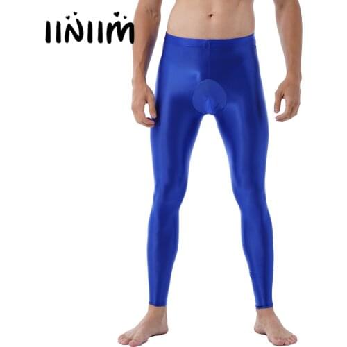 Mens Glossy Bulge Pouch Long Pants Elastic Waistband Leggings Solid Color Mid Elastic Stretchy Skinny Pants