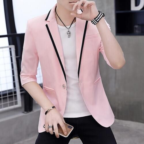 Youth Blazer Men Slim Fit Blazer Masculino Male Turn-down Collar Half Sleeve Blazers Mens Fashion Casual Blazer Jacket Man