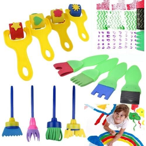 12Pcs/Set Children Painting Foam Sponge Brush Apron Moulds Tools Kit Kids Early Art Education Learning Drawing Graffito Tool Set