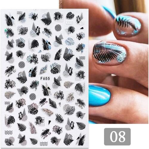 2021 New Black White 3D Nail Sticker Summer Leaves Tree Geometric Lines Pattern Adhesive Transfer Sticker DIY Nail Decoration