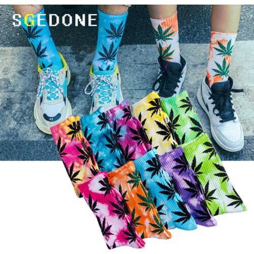High-quality Tie-dyed Maple Leaf Socks Long Fashion Weed Socks Men Skateboard Hiphop Socks Meias Women Couple Cotton Socks 1Pair