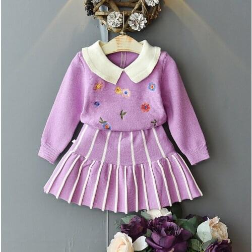 2020 New Girls Baby Knit Clothing Set Sweaters+skirt Flowers Embroidery Girl Kids Autumn Winter Princess Suits Children Clothes