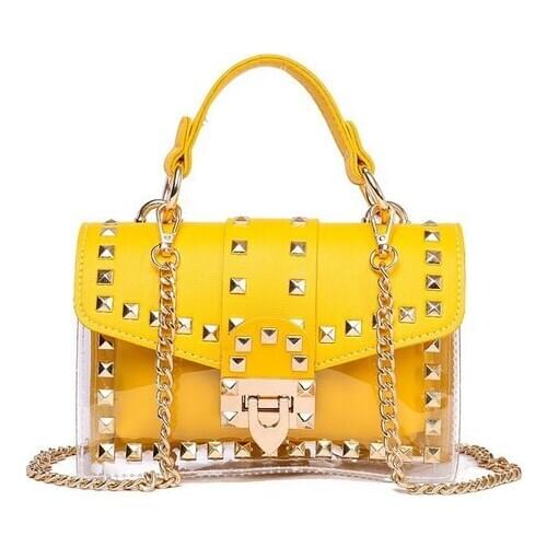 2020 New chains rivet women handbags small white black pink yellow blue pvc hasp handbags summer soft shoulder bags cross body