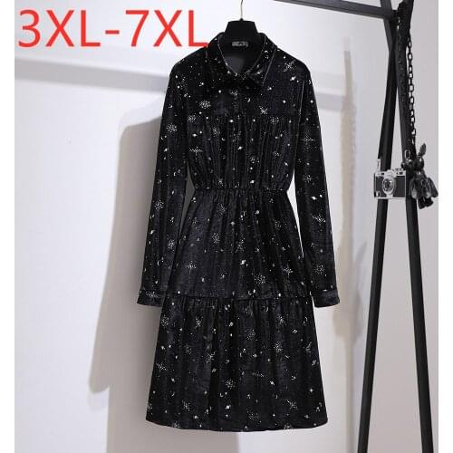 New Ladies Autumn Winter Plus Size Dress For Women Large Long Sleeve Loose Casual Velvet Black Floral Dress 3XL 4XL 5XL 6XL 7XL