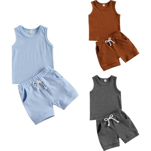 0-3Y Newborn Baby Boys Summer Outfit Sets Ribbed Sleeveless Solid Color Vest Tops+Elastic Shorts Pants Toddler Casual Outfits