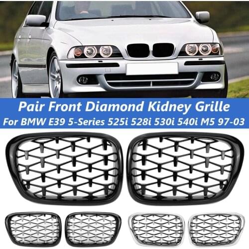 2PCS Front Diamond Kidney Grille For BMW E39 5-Series 525i 528i 530i M5 1997-2003 Car Accessories Part Glossy Black Chrome
