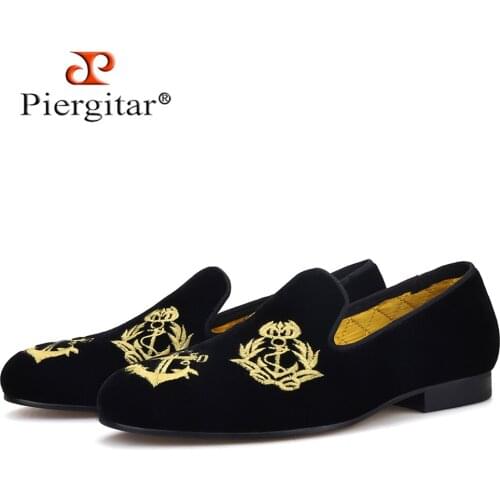 Piergitar new style Handmade Men Velvet shoes with luxurious embroidery Leather and Satin insole Party and Banquet mens loafers