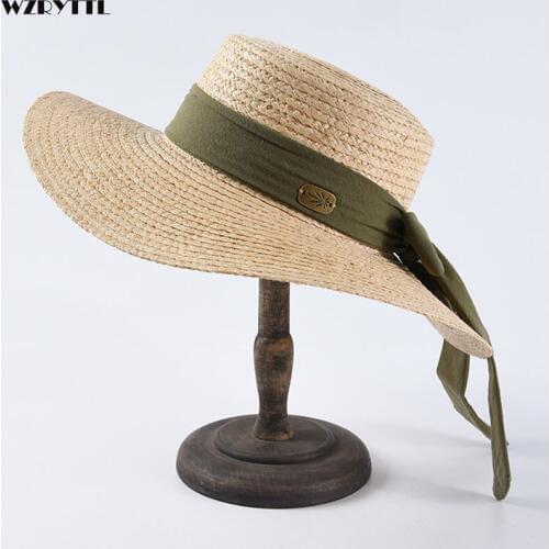 Classical New Natural Wide Brim Raffia Beach Hat Elegant Green Beige Bow Accent Women Summer Sun Protection Hat Straw Boater Hat