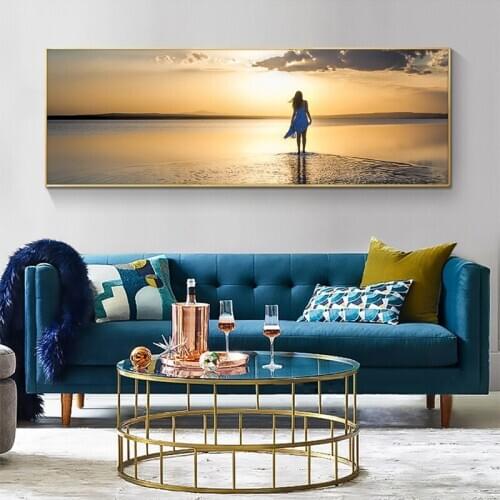 Natural Glod Beach Sunset Women Seascape Posters and Prints Canvas Painting Scandinavian Wall Art Picture for Living Room