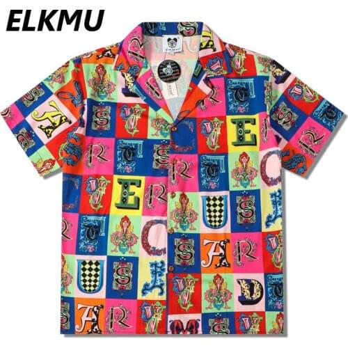 ELKMU Casual Beach Hawaiian Shirts Men Hip Hop Streetwear Shirt Plaid Graffiti Letter Blouse Short Sleeve Shirts Summer HM015