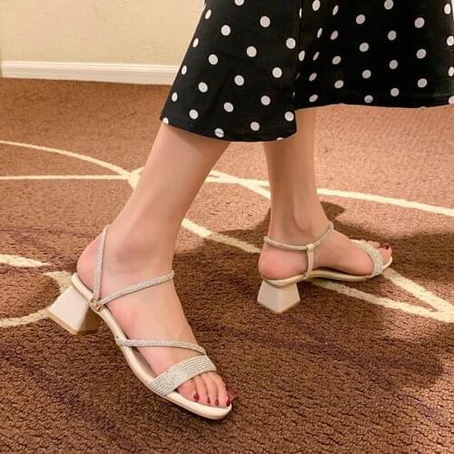 Bling Shine Crystal Sandals Summer Sandals Women Shoes Woman Buckle Strap Wave Tie Casual Shoes Thick High Heels Ladies Shoes