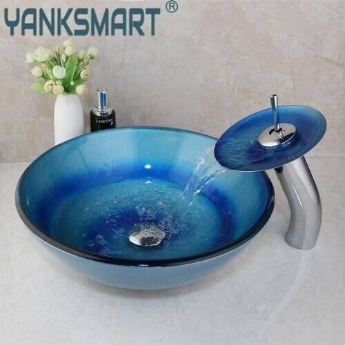 Glass Bowl Bathroom Sinks Blue Hand-Painted Washbasin Lavello Bagno Lavatory Combine Brass Waterfall Faucet Mixers Taps Set