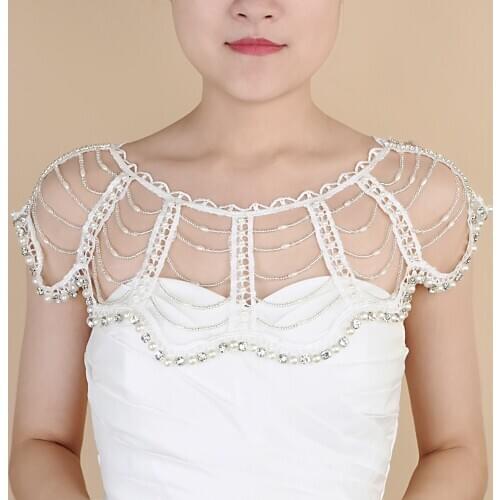 ZMG07 Mesh Appliqued Pearls Wedding Shawl Bling Diamonds Bridal Cloak Jacket and Crystals Beads Womens Cape for Strapless Dress